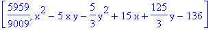 [5959/9009, x^2-5*x*y-5/3*y^2+15*x+125/3*y-136]